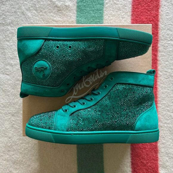 Christian Louboutin Green Velour Studded Crystal Suede Sneakers Size 43/US10 - Picture 3 of 9
